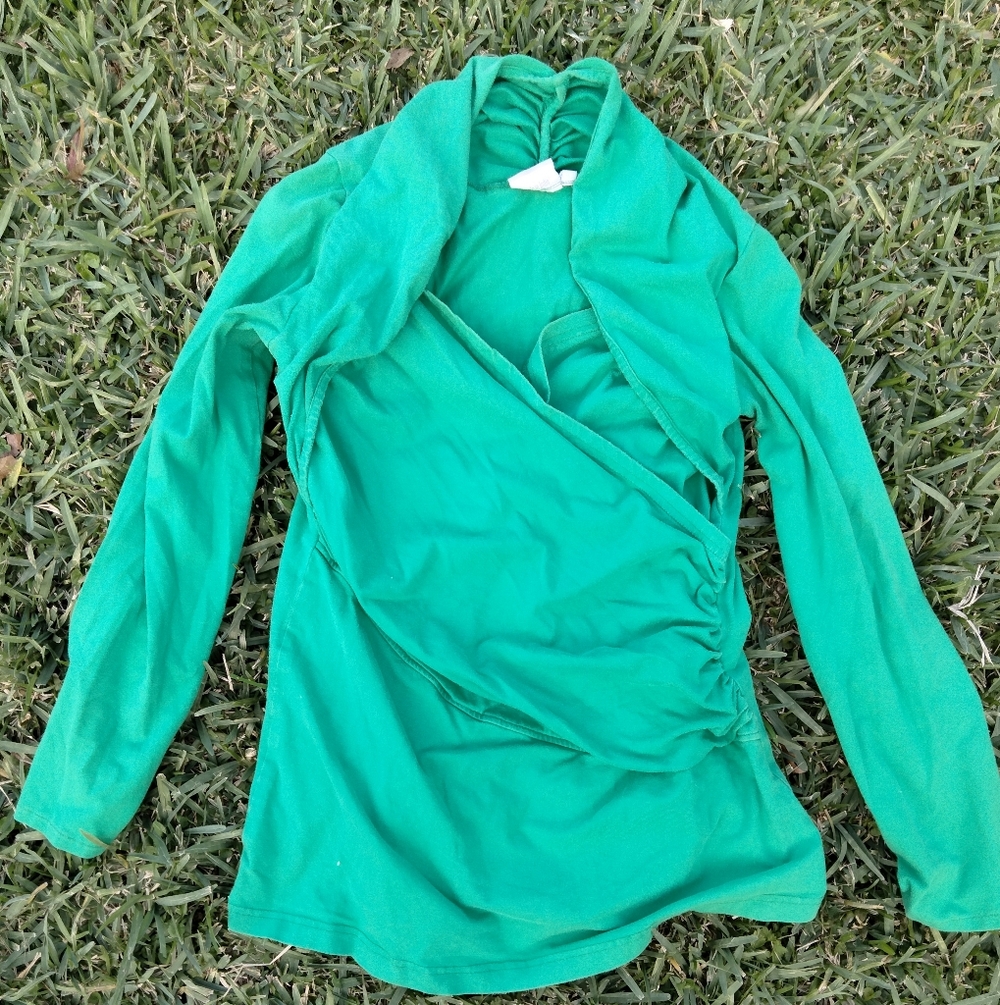 Eshakti Surplice Wrap Kelly Green Top Size 10/Medium Cotton/Spandex